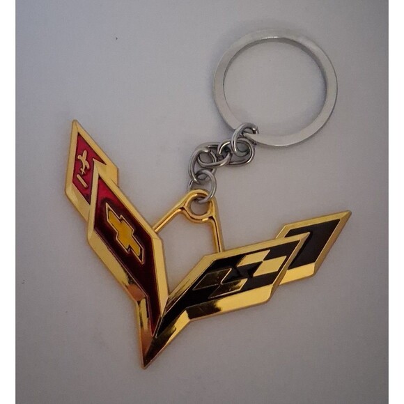 Corvette Accessories - 3D Corvette Logo Car Home Alloy Key Chain Fob Ring Gold edition